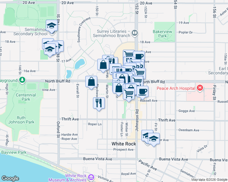 map of restaurants, bars, coffee shops, grocery stores, and more near 1551 Foster Street in White Rock