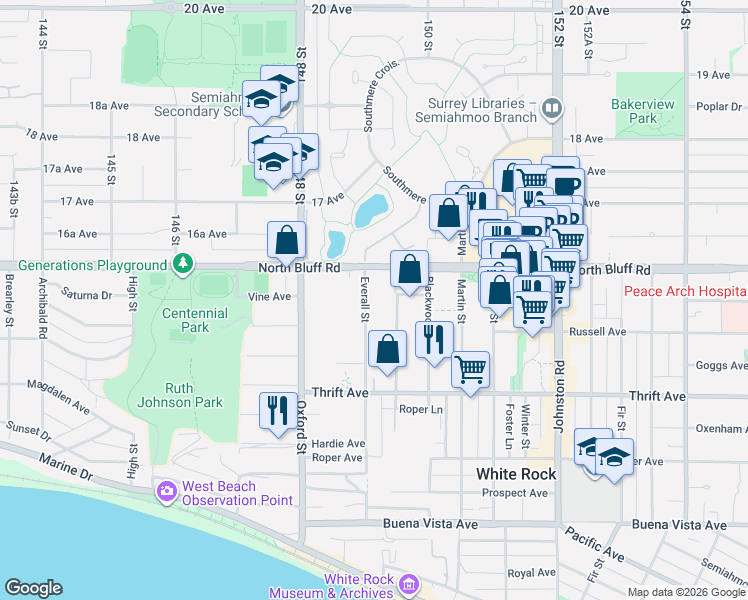 map of restaurants, bars, coffee shops, grocery stores, and more near 1552 Everall Street in White Rock