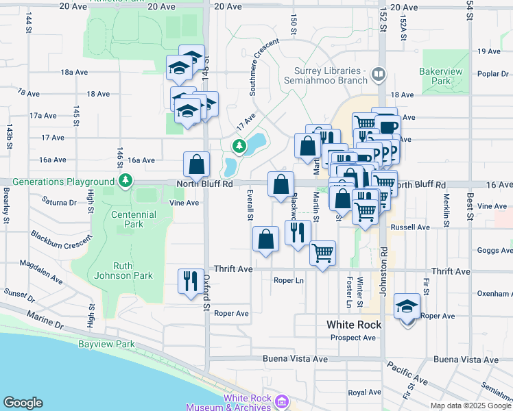map of restaurants, bars, coffee shops, grocery stores, and more near 1552 Everall Street in White Rock