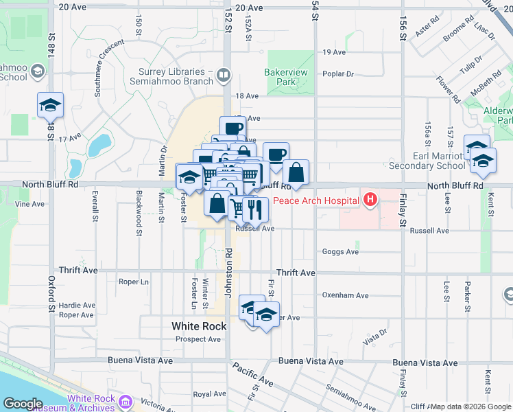 map of restaurants, bars, coffee shops, grocery stores, and more near in White Rock