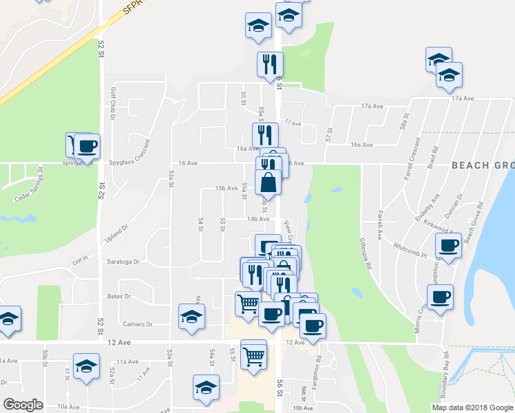 map of restaurants, bars, coffee shops, grocery stores, and more near 103 55B Street in Delta