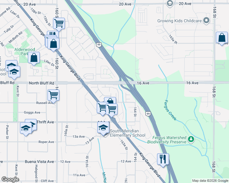 map of restaurants, bars, coffee shops, grocery stores, and more near 16337 15 Avenue in Surrey