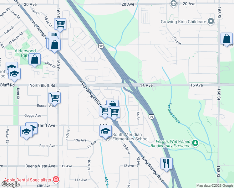 map of restaurants, bars, coffee shops, grocery stores, and more near 16337 15 Avenue in Surrey