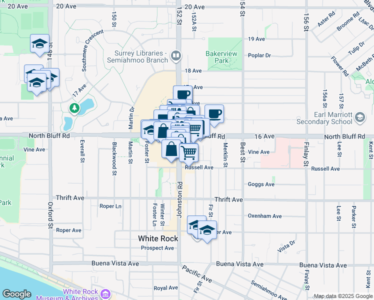 map of restaurants, bars, coffee shops, grocery stores, and more near in White Rock