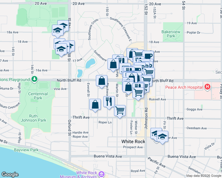map of restaurants, bars, coffee shops, grocery stores, and more near 1550 Blackwood Street in White Rock