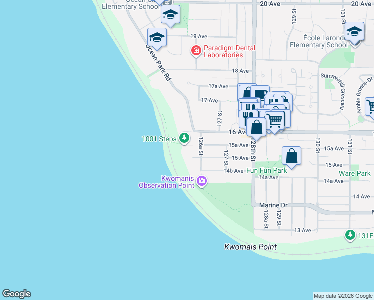 map of restaurants, bars, coffee shops, grocery stores, and more near 12585 15 Avenue in Surrey