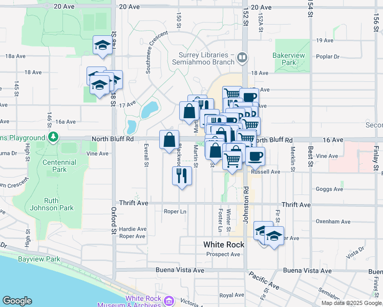 map of restaurants, bars, coffee shops, grocery stores, and more near 1589 Martin Street in White Rock