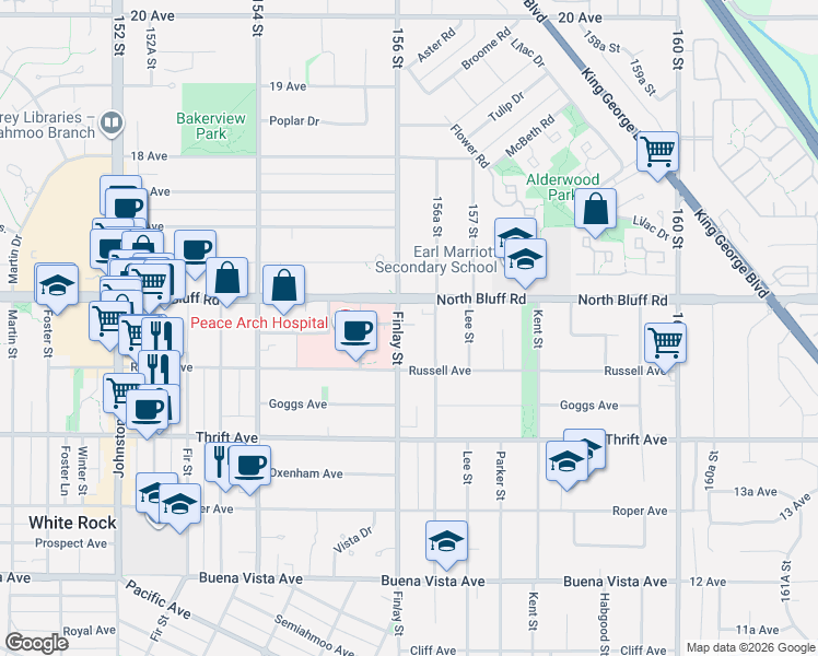 map of restaurants, bars, coffee shops, grocery stores, and more near 1526 Finlay Street in White Rock