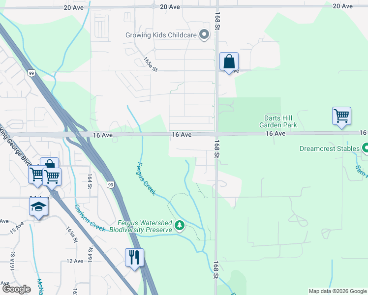 map of restaurants, bars, coffee shops, grocery stores, and more near 16685 15A Avenue in Surrey