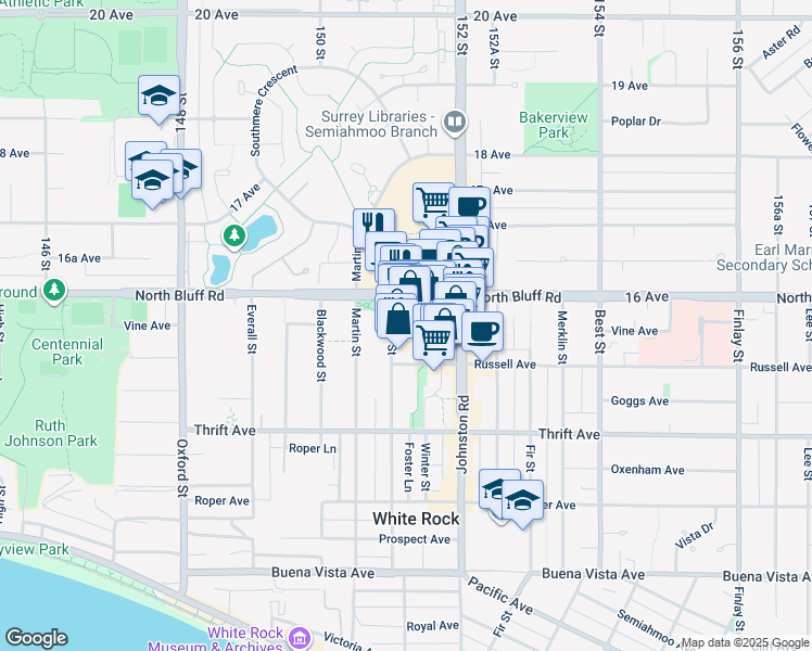 map of restaurants, bars, coffee shops, grocery stores, and more near 1524 Foster Street in White Rock