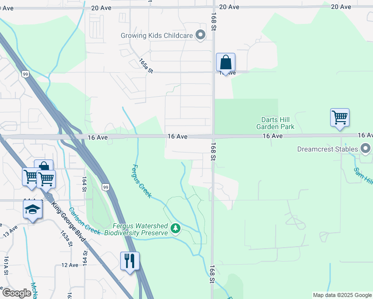 map of restaurants, bars, coffee shops, grocery stores, and more near 16717 15A Avenue in Surrey
