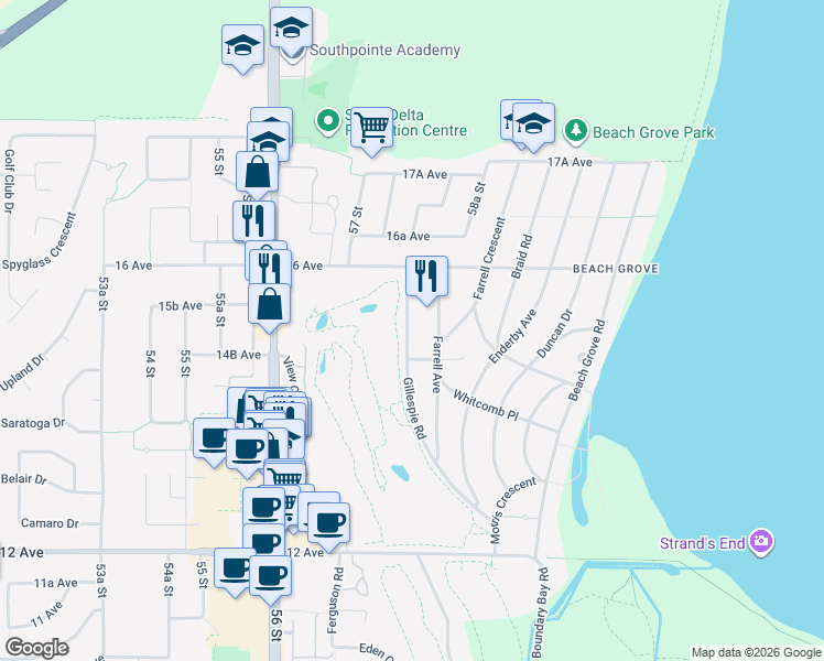 map of restaurants, bars, coffee shops, grocery stores, and more near 1516 Gillespie Road in Delta
