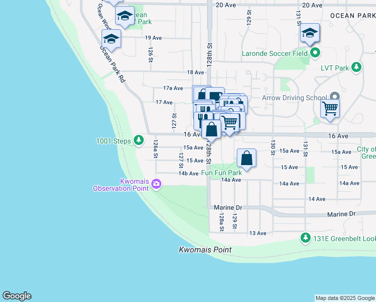 map of restaurants, bars, coffee shops, grocery stores, and more near 12730 15A Avenue in Surrey