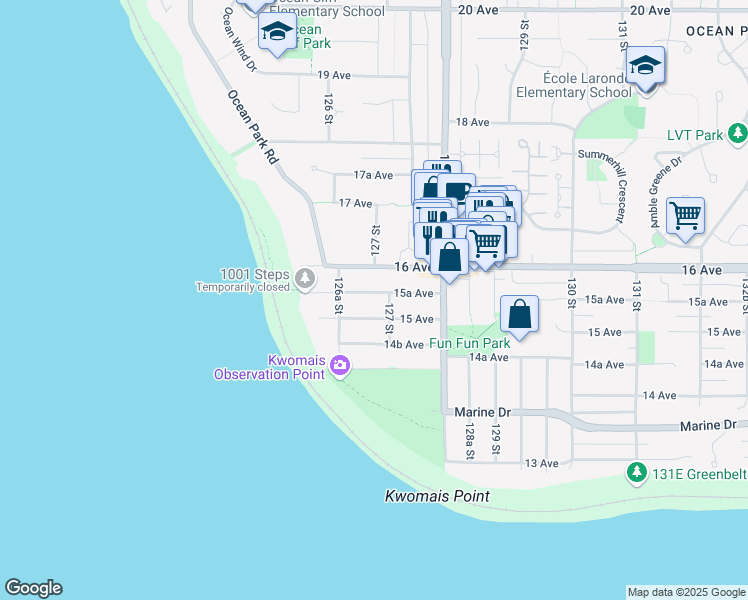 map of restaurants, bars, coffee shops, grocery stores, and more near 12684 15A Avenue in Surrey