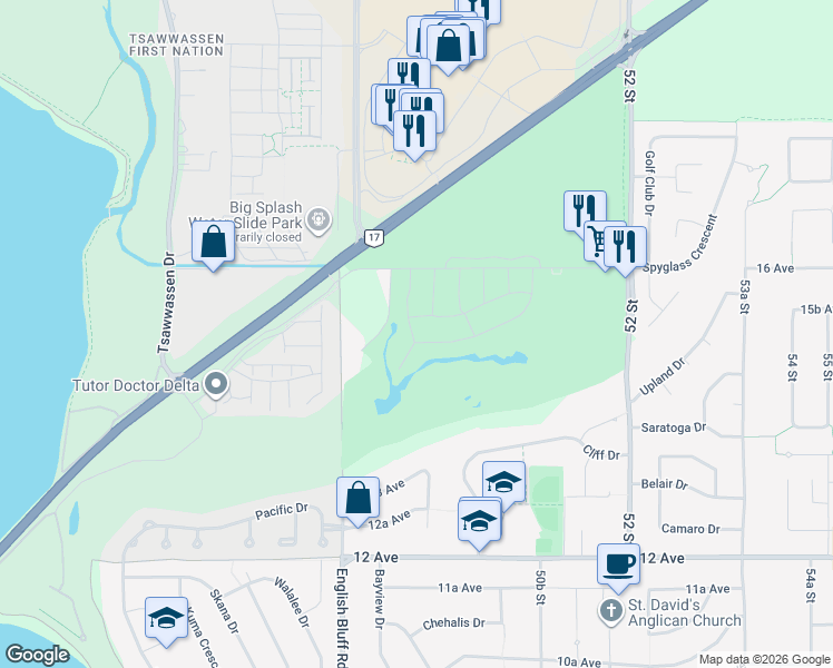 map of restaurants, bars, coffee shops, grocery stores, and more near 4959 Cedar Springs Drive in Delta