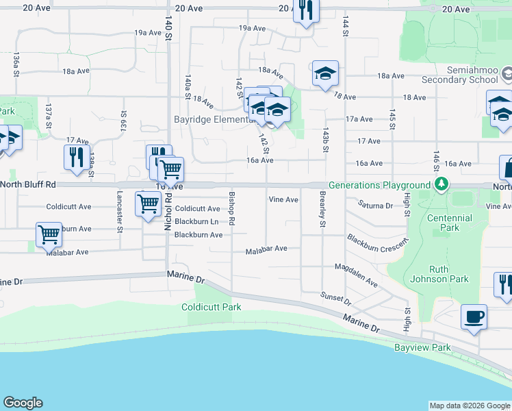 map of restaurants, bars, coffee shops, grocery stores, and more near 1561 Phoenix Street in White Rock