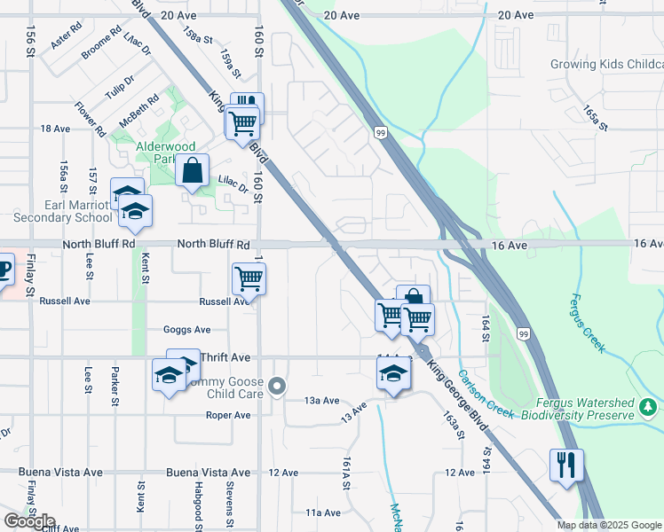 map of restaurants, bars, coffee shops, grocery stores, and more near 1570 161 Street in Surrey