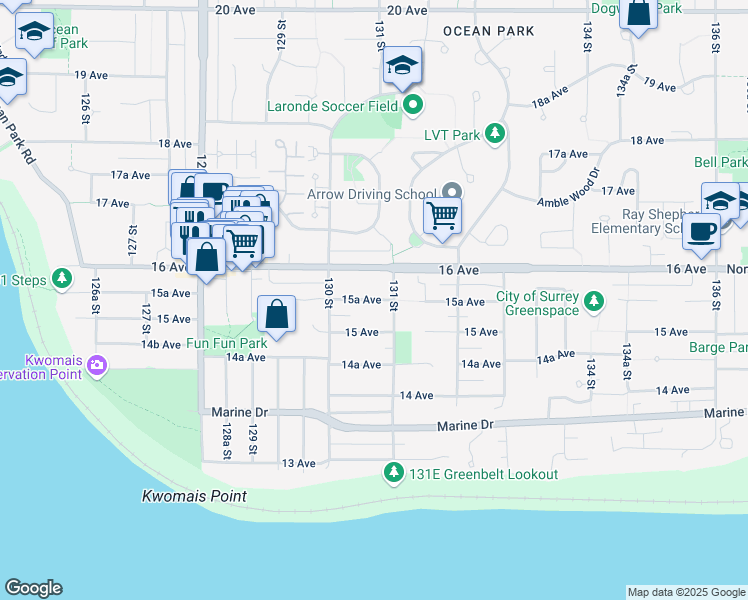 map of restaurants, bars, coffee shops, grocery stores, and more near 13071 15A Avenue in Surrey