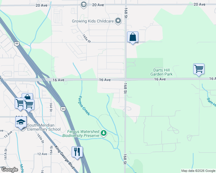map of restaurants, bars, coffee shops, grocery stores, and more near 16707 15A Avenue in Surrey