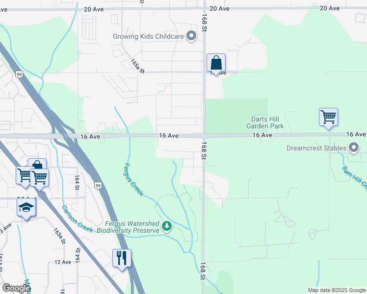 map of restaurants, bars, coffee shops, grocery stores, and more near 16733 15A Avenue in Surrey