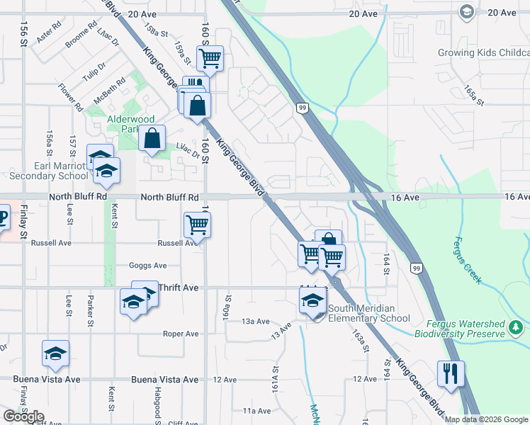 map of restaurants, bars, coffee shops, grocery stores, and more near in Surrey