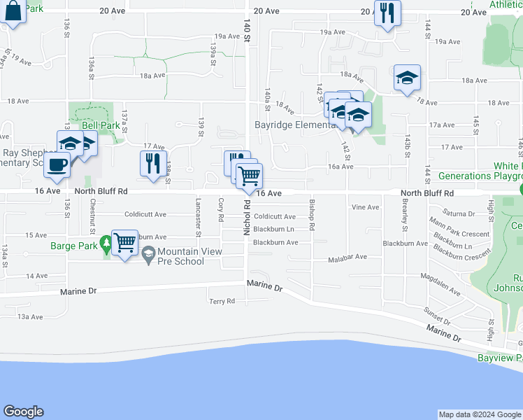 map of restaurants, bars, coffee shops, grocery stores, and more near 14035 Coldicutt Avenue in White Rock