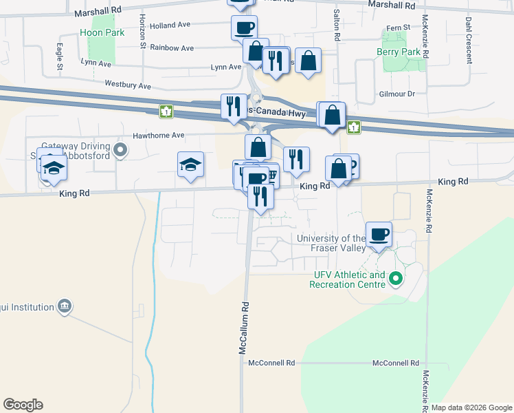 map of restaurants, bars, coffee shops, grocery stores, and more near 1516 McCallum Road in Abbotsford