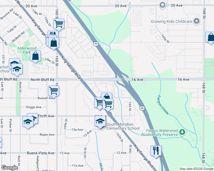 map of restaurants, bars, coffee shops, grocery stores, and more near 16228 16 Avenue in Surrey