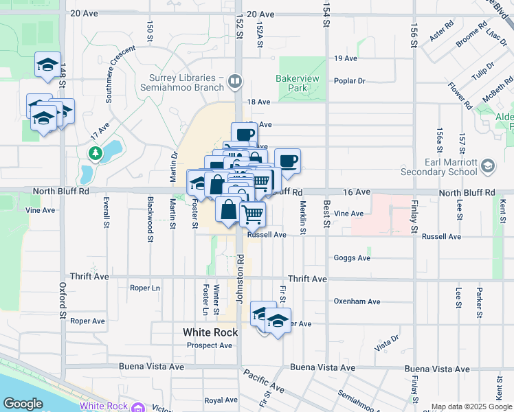 map of restaurants, bars, coffee shops, grocery stores, and more near 1589 George Street in White Rock