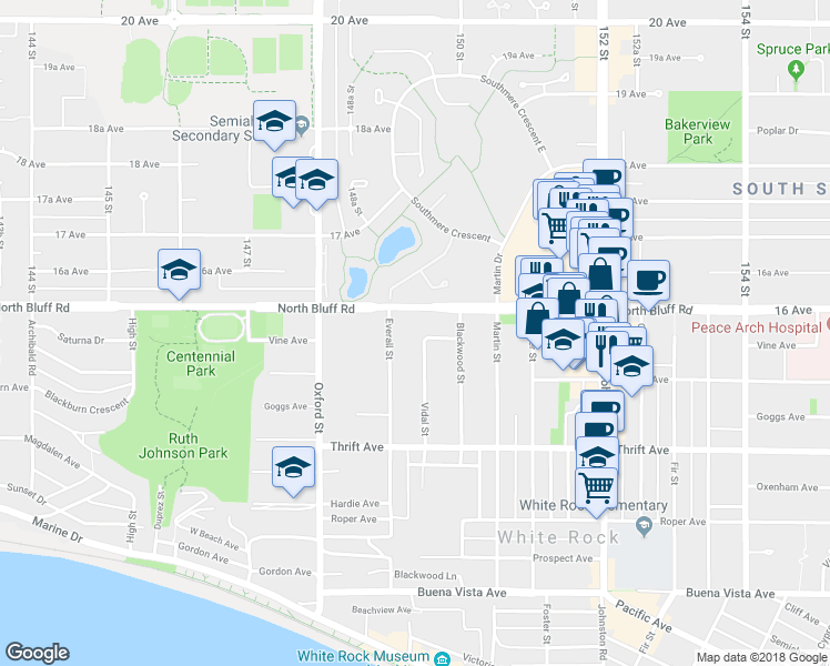 map of restaurants, bars, coffee shops, grocery stores, and more near 14990 North Bluff Road in White Rock