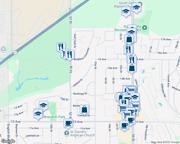 map of restaurants, bars, coffee shops, grocery stores, and more near 5330 Upland Drive in Delta