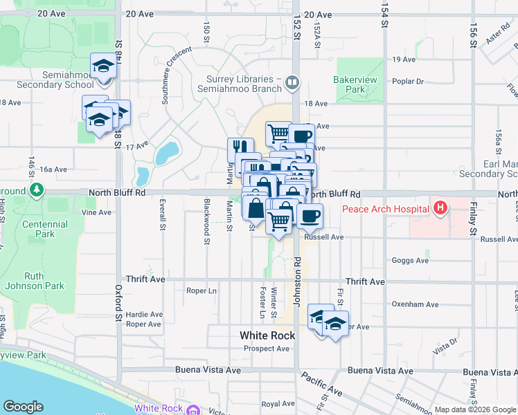 map of restaurants, bars, coffee shops, grocery stores, and more near in White Rock