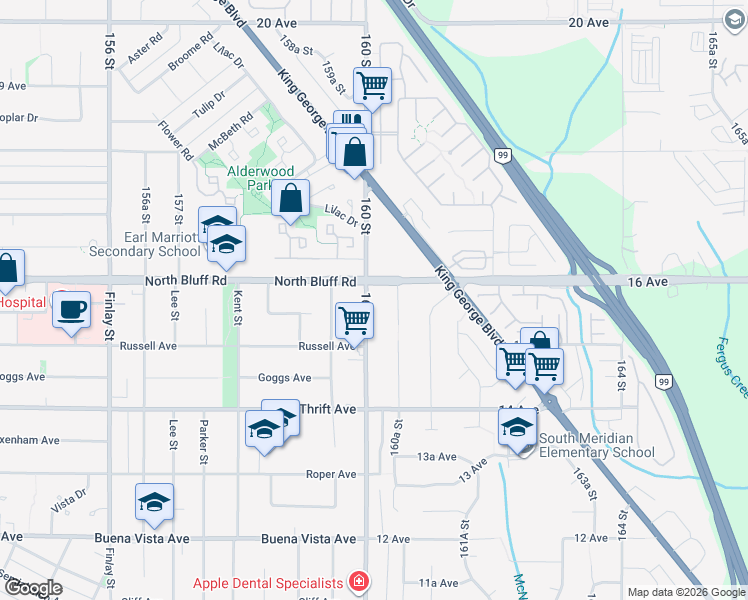 map of restaurants, bars, coffee shops, grocery stores, and more near 1572 160 Street in Surrey