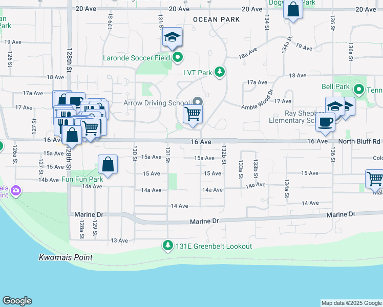 map of restaurants, bars, coffee shops, grocery stores, and more near 13171 15A Avenue in Surrey