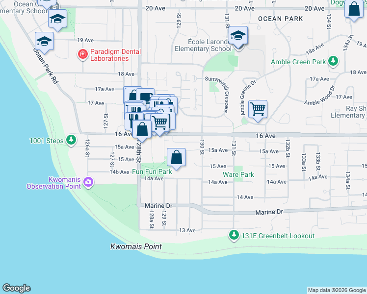 map of restaurants, bars, coffee shops, grocery stores, and more near 12959 15A Avenue in Surrey