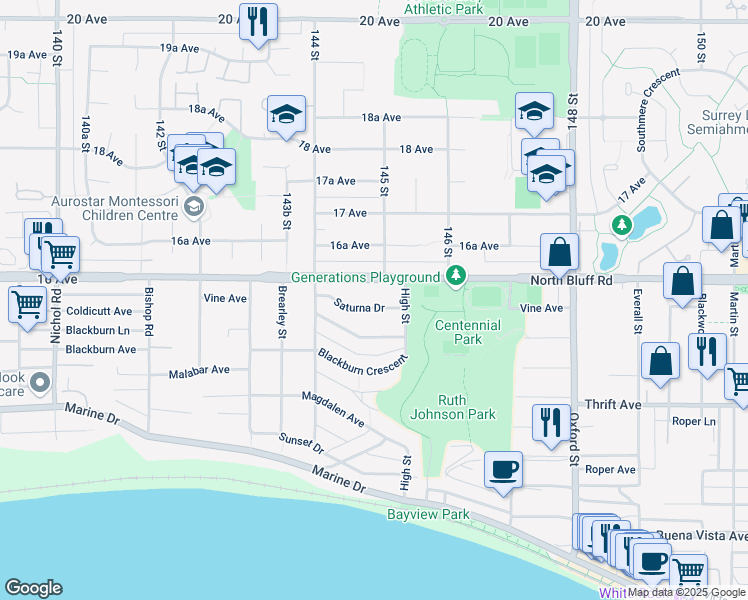 map of restaurants, bars, coffee shops, grocery stores, and more near 14495 Saturna Drive in White Rock