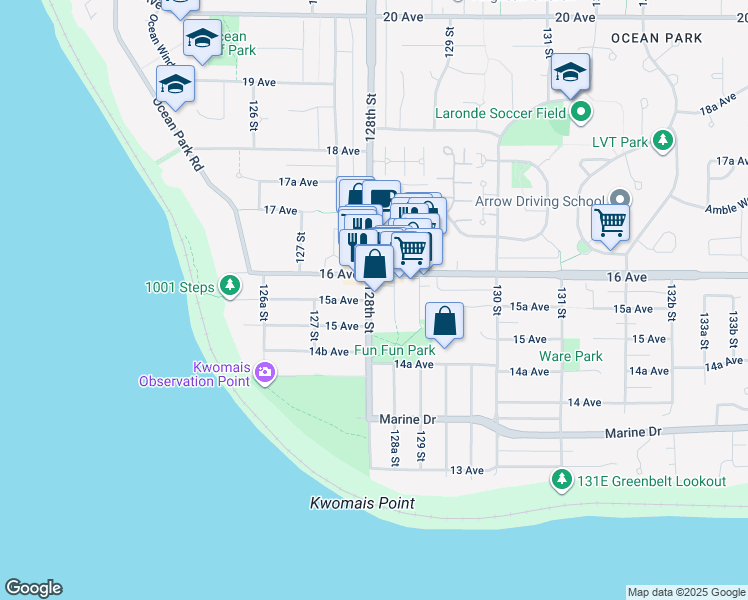 map of restaurants, bars, coffee shops, grocery stores, and more near 1554 128 Street in Surrey