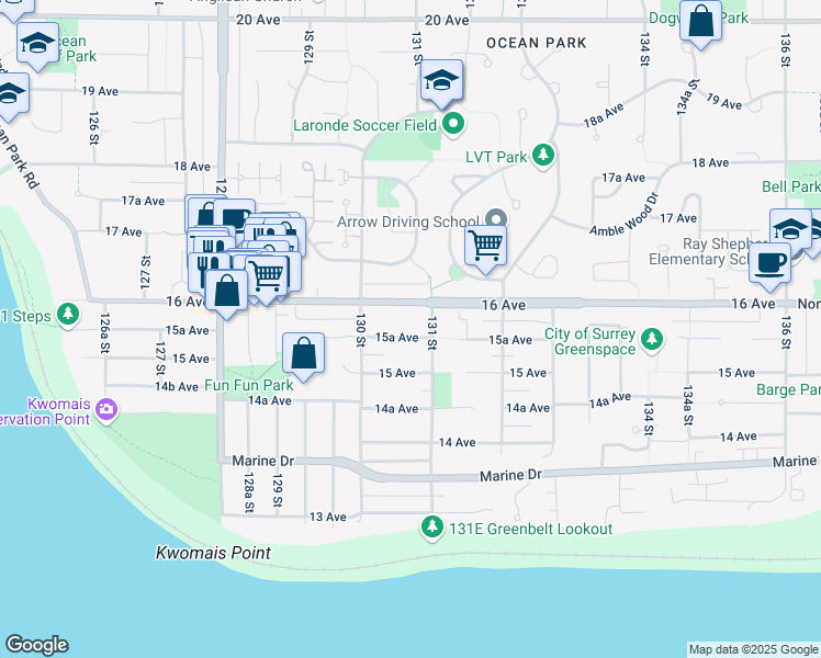 map of restaurants, bars, coffee shops, grocery stores, and more near 13071 15A Avenue in Surrey