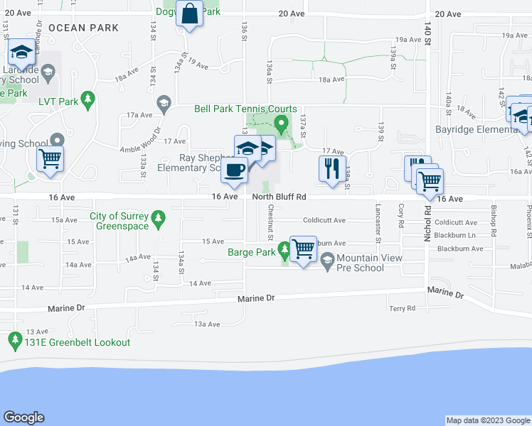 map of restaurants, bars, coffee shops, grocery stores, and more near 1561 Chestnut Street in White Rock