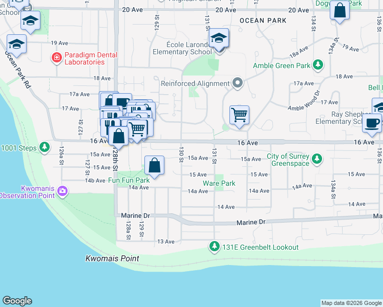 map of restaurants, bars, coffee shops, grocery stores, and more near 13029 15A Avenue in Surrey