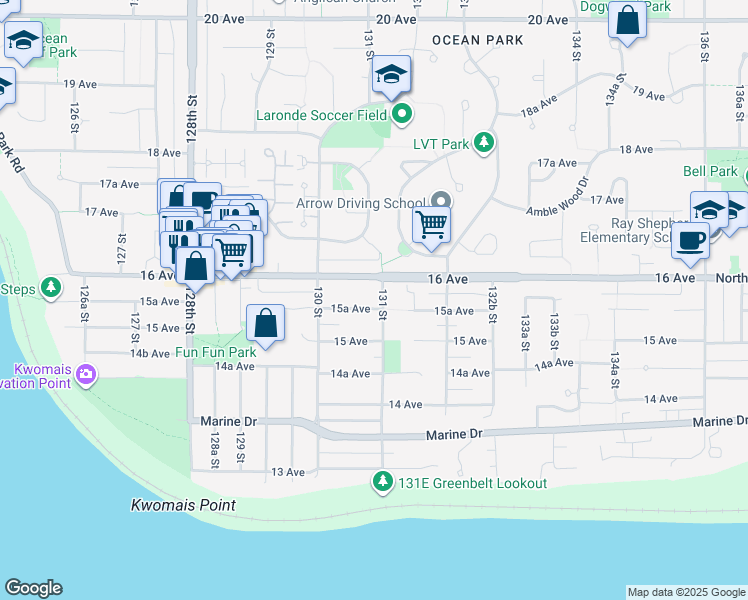map of restaurants, bars, coffee shops, grocery stores, and more near 1577 131 Street in Surrey