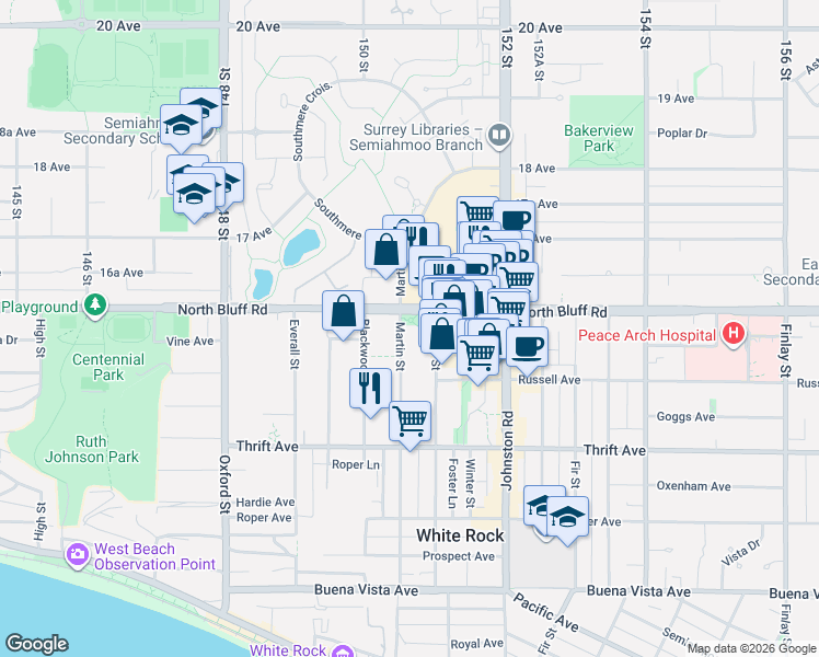 map of restaurants, bars, coffee shops, grocery stores, and more near 1580 Martin Street in White Rock
