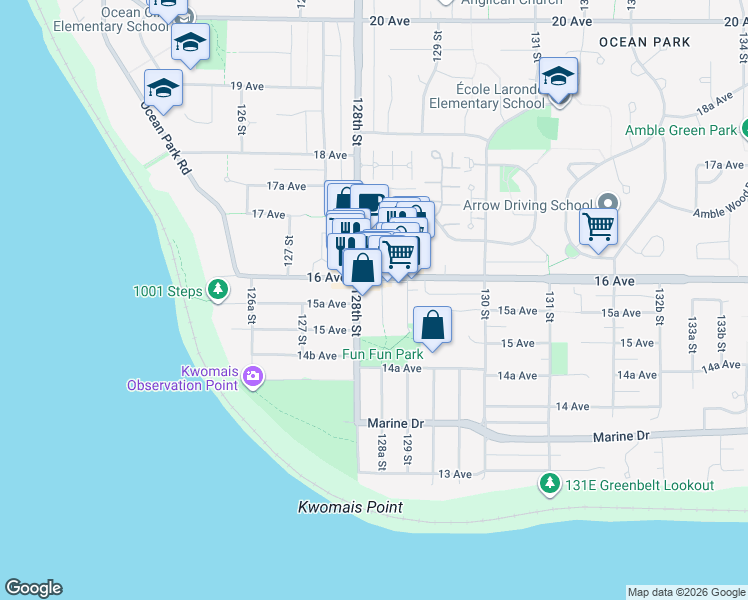 map of restaurants, bars, coffee shops, grocery stores, and more near 1565 128A Street in Surrey