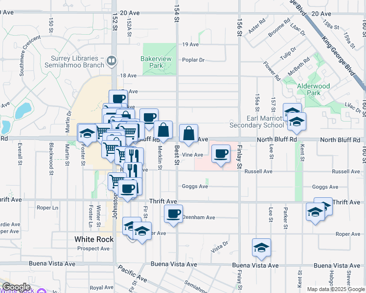 map of restaurants, bars, coffee shops, grocery stores, and more near 1588 Best Street in White Rock