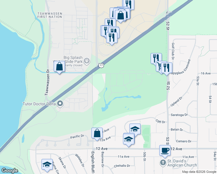 map of restaurants, bars, coffee shops, grocery stores, and more near 4932 Cedar Springs Drive in Delta