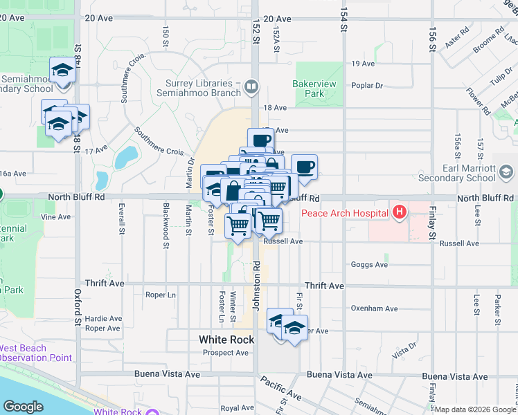 map of restaurants, bars, coffee shops, grocery stores, and more near 1586 Johnston Road in White Rock
