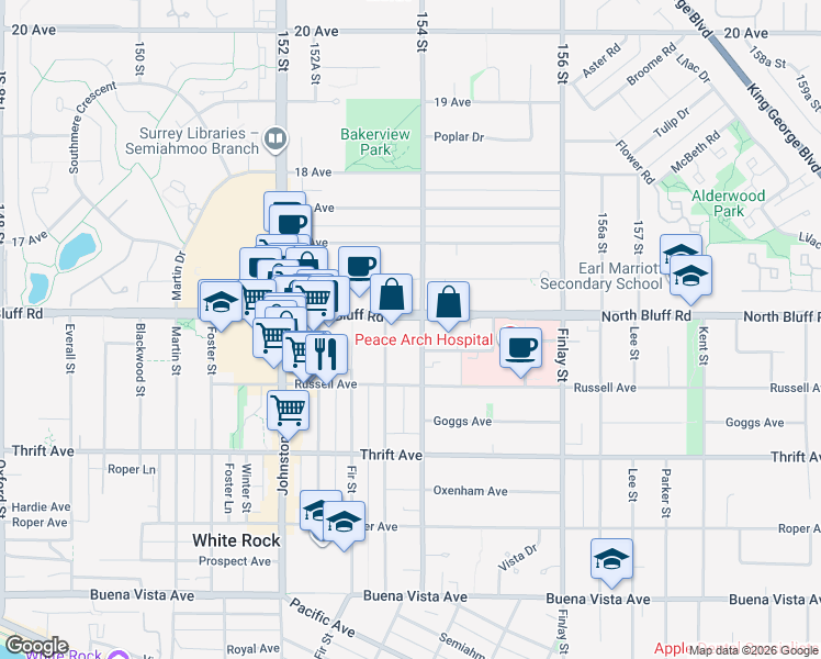 map of restaurants, bars, coffee shops, grocery stores, and more near 1575 Best Street in White Rock