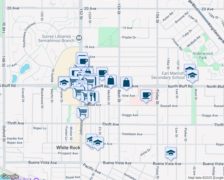 map of restaurants, bars, coffee shops, grocery stores, and more near 1576 Merklin Street in White Rock