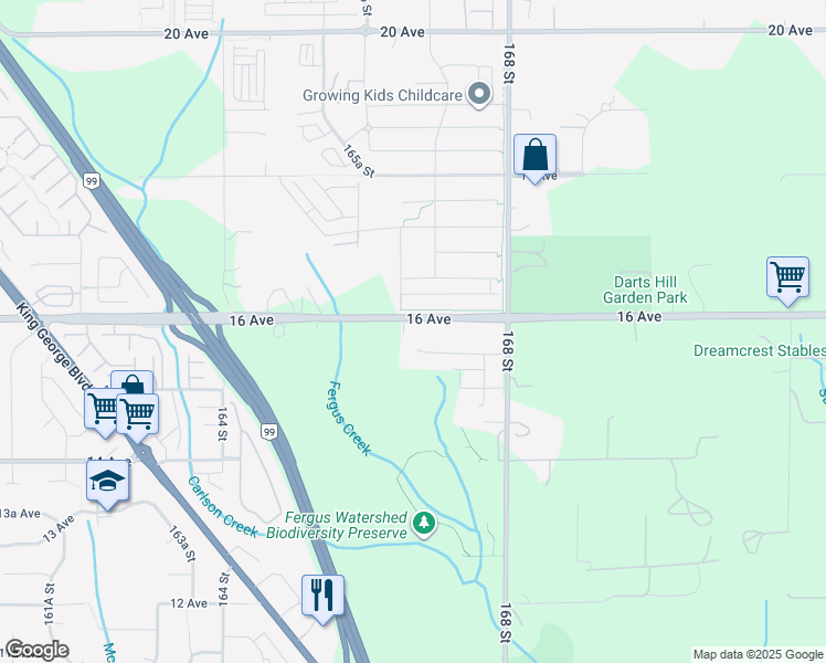 map of restaurants, bars, coffee shops, grocery stores, and more near 16678 16 Avenue in Surrey