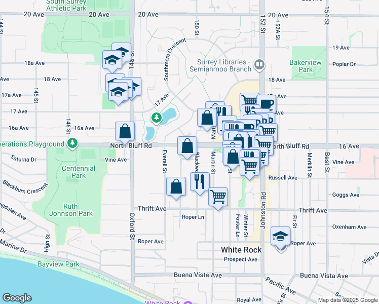 map of restaurants, bars, coffee shops, grocery stores, and more near 14990 North Bluff Road in White Rock